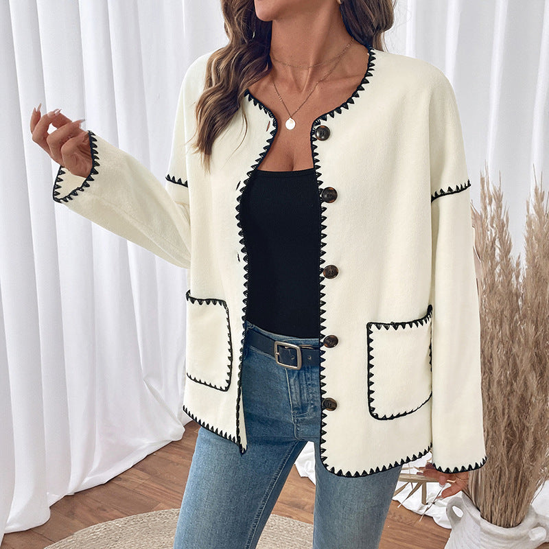 Damen modische Strickjacke mit einzigartigen Kontrastnähten Drune