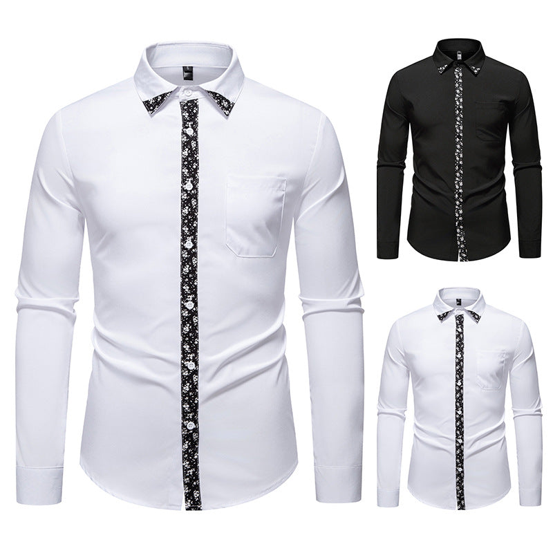 Herren elegantes Langarmhemd mit floralem Kragen und Brusttasche Drune