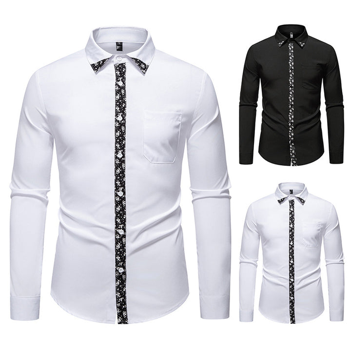 Herren elegantes Langarmhemd mit floralem Kragen und Brusttasche Drune