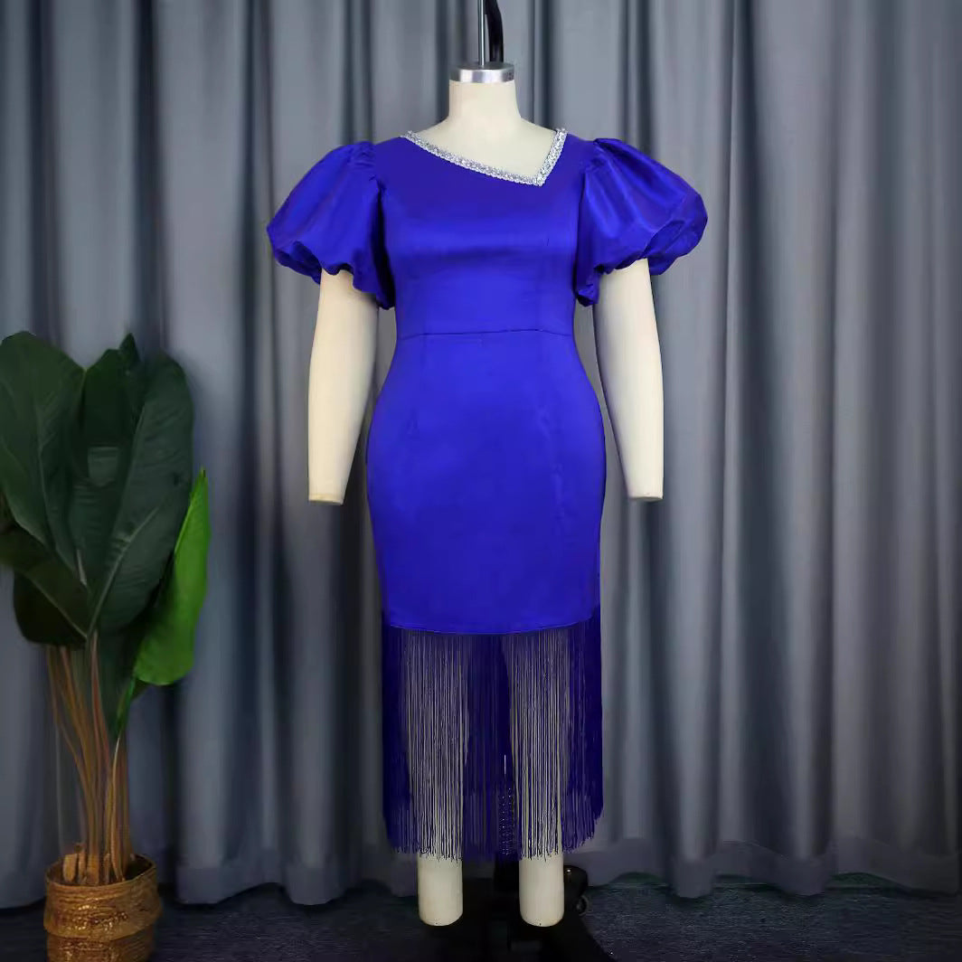 Damen Glamouröses Abendkleid mit voluminösen Puffärmeln und Fransen Saum Drune