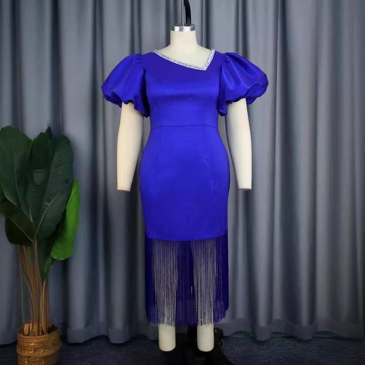 Damen Glamouröses Abendkleid mit voluminösen Puffärmeln und Fransen Saum Drune
