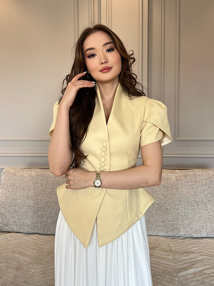 Damen elegante Designerbluse mit Puffärmeln und Knopfdetails Drune
