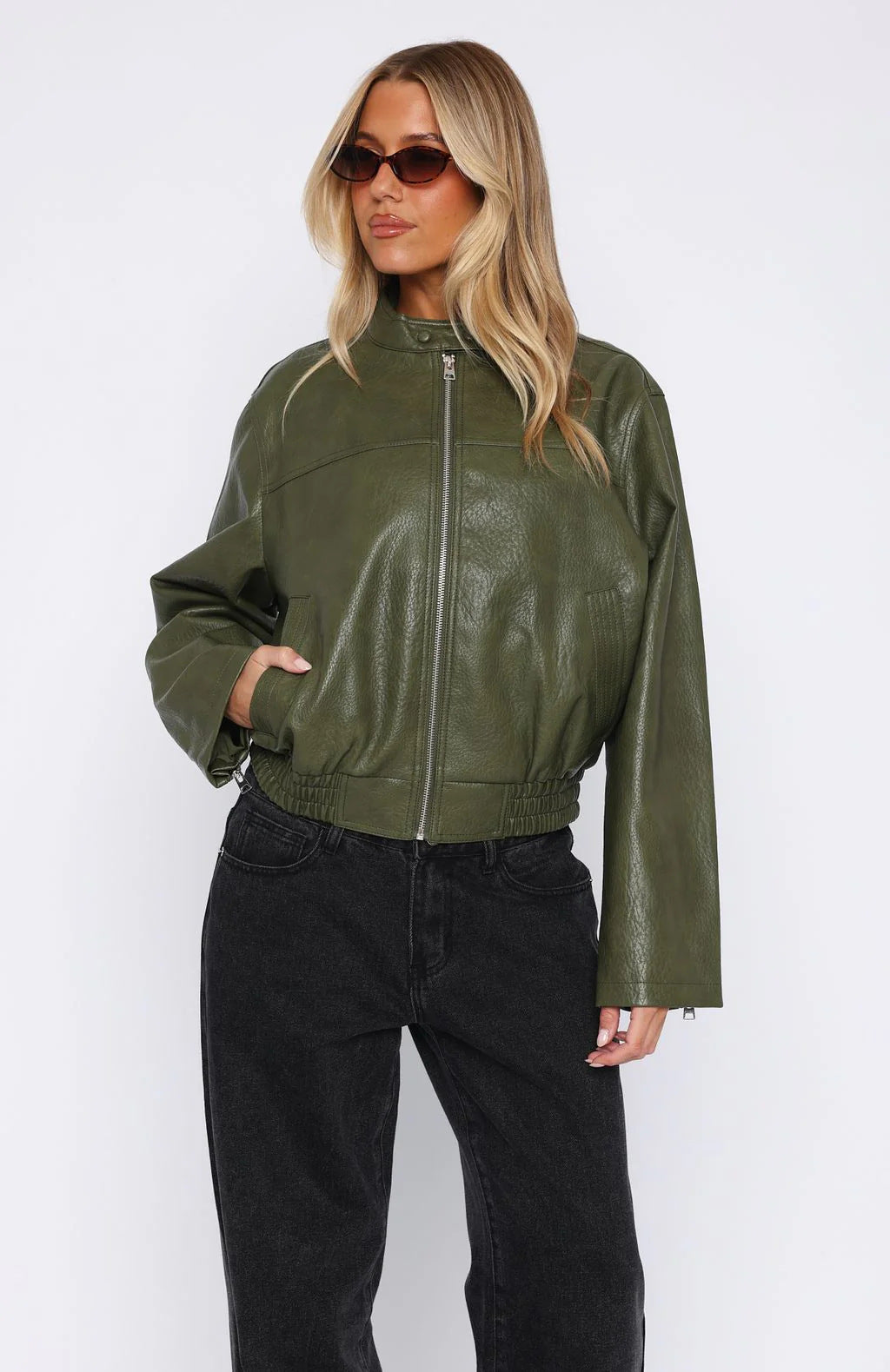 Damen Kunstleder Jacke mit elastischem Bund und hohem Stehkragen Drune