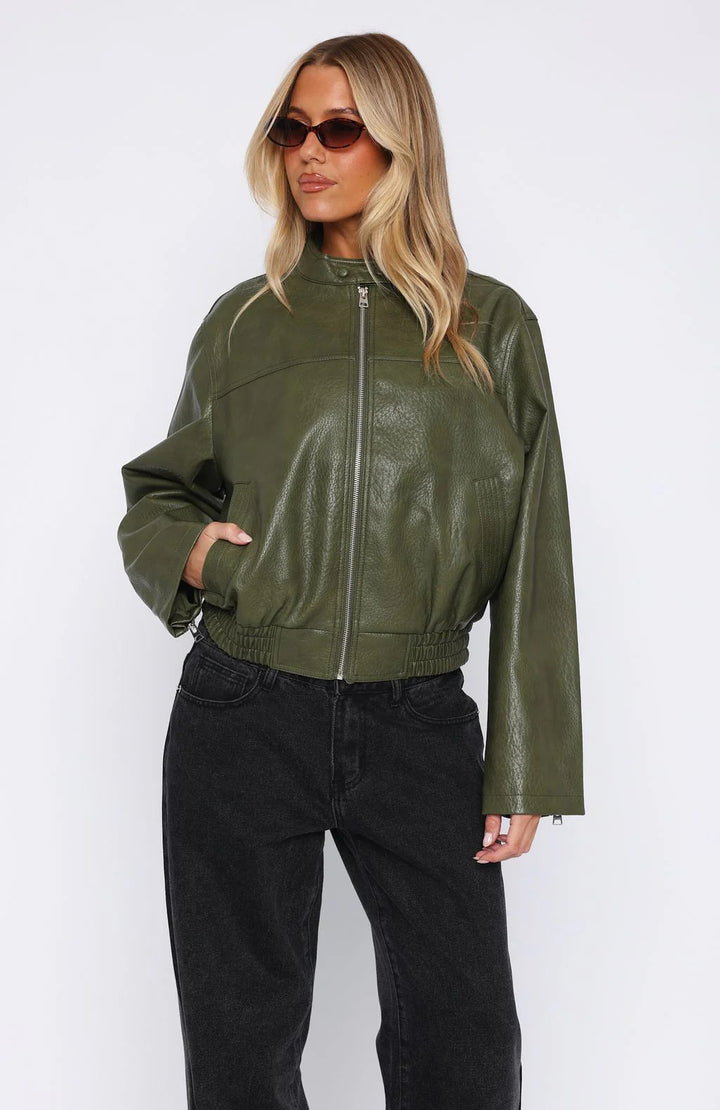 Damen Kunstleder Jacke mit elastischem Bund und hohem Stehkragen Drune