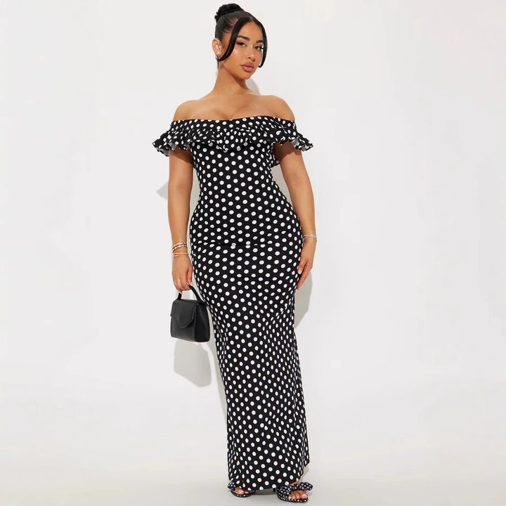 Damen Elegantes Maxikleid mit Rüschendetails und Polka-Dots Drune