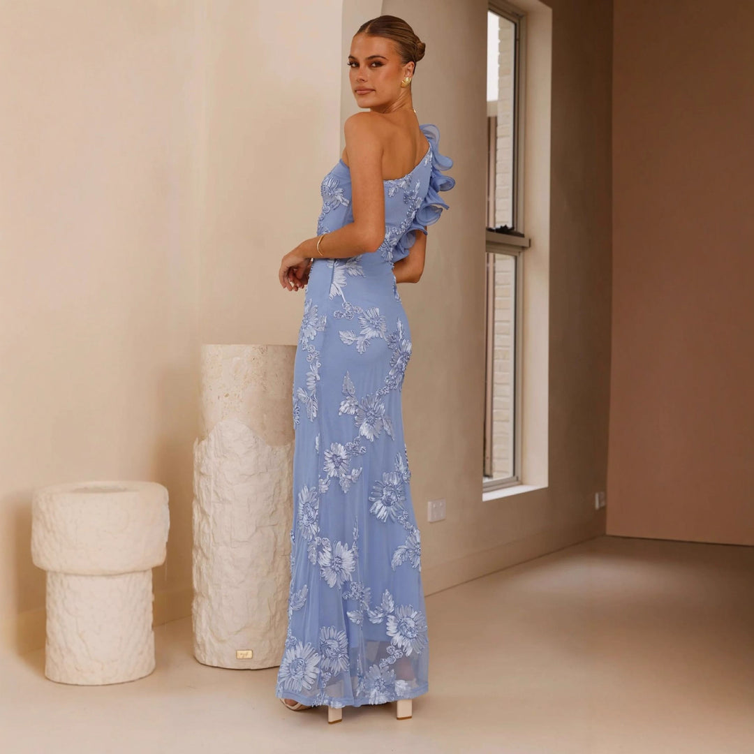 Damen Elegantes Abendkleid mit asymmetrischem Träger und floralen Applikationen Drune