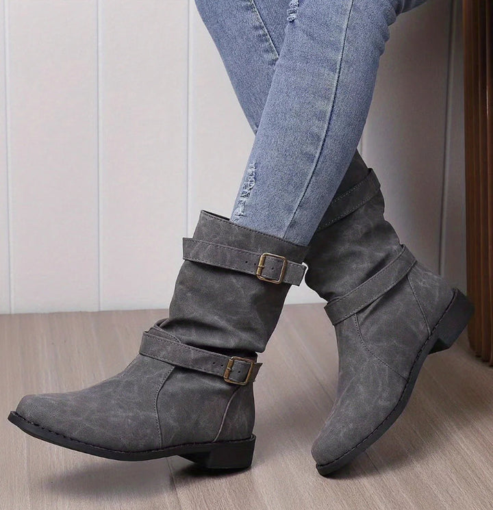 Damen nan lässige Slouch-Ankleboots mit zwei Zier-Riemen und dekorativen Metallschnallen Drune