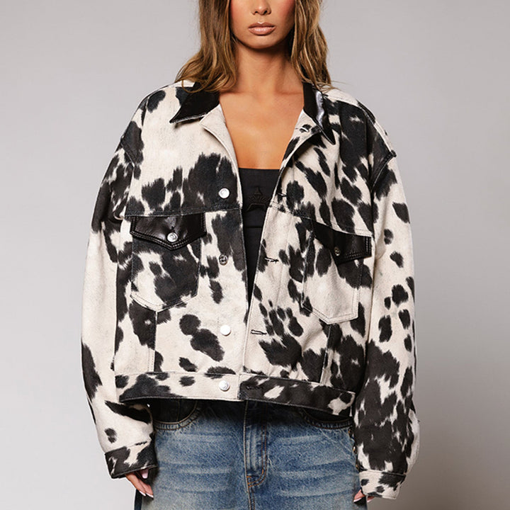 Damen Oversized Hemdjacke im modernen Cow-Print Drune