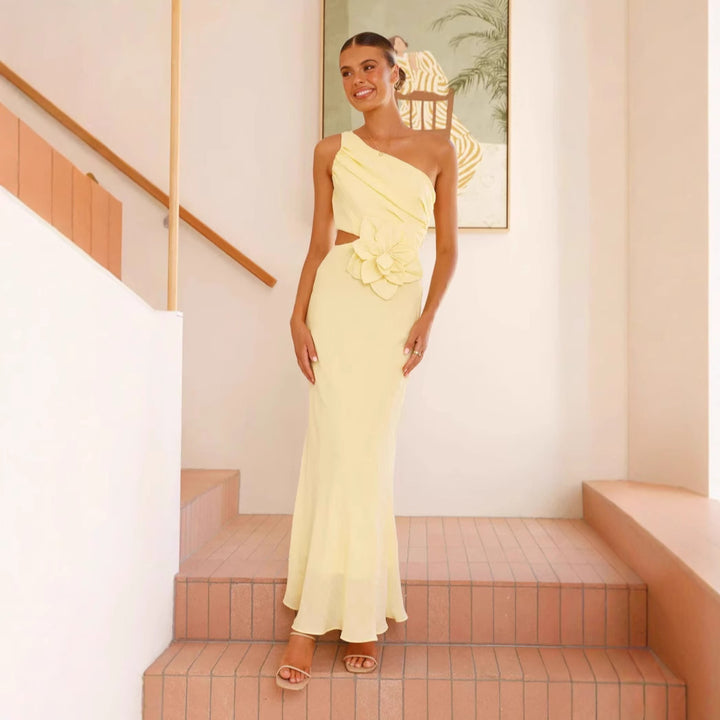 Damen Elegantes Maxikleid mit asymmetrischem Schnitt und floralem Detail Drune