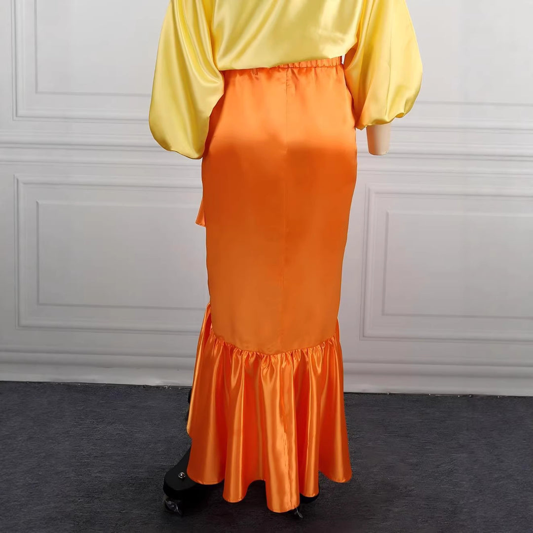 Damen Eleganter Satinrock mit asymmetrischem Design und voluminösem Rüschenabschluss Drune