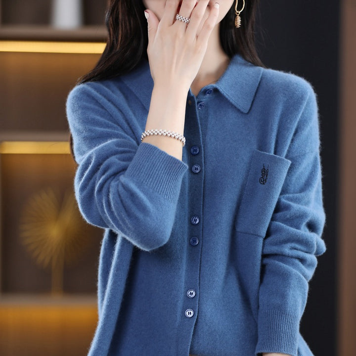 Damen Langärmlige Strickjacke mit elegantem Kragen und praktischer Knopfleiste Drune