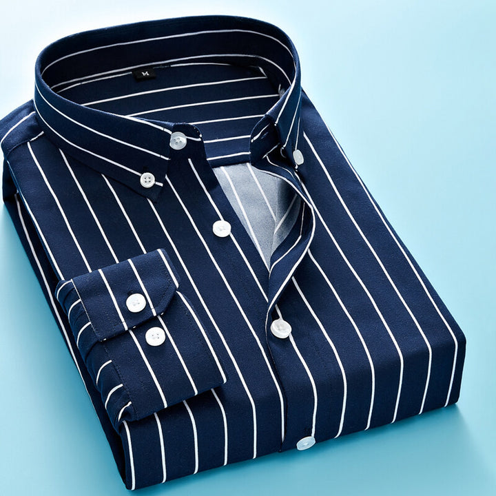 Herren nan gestreiftes Business-Hemd mit Button-Down-Kragen, Brusttasche und bügelleichtem Baumwollmix Drune