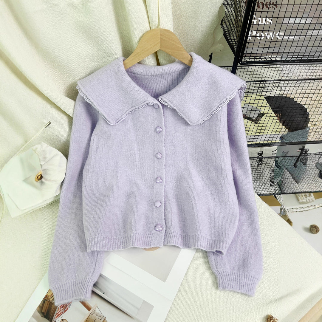 Damen niedliche Strickjacke mit großem Kragen und dekorativen Knopfdetails Drune