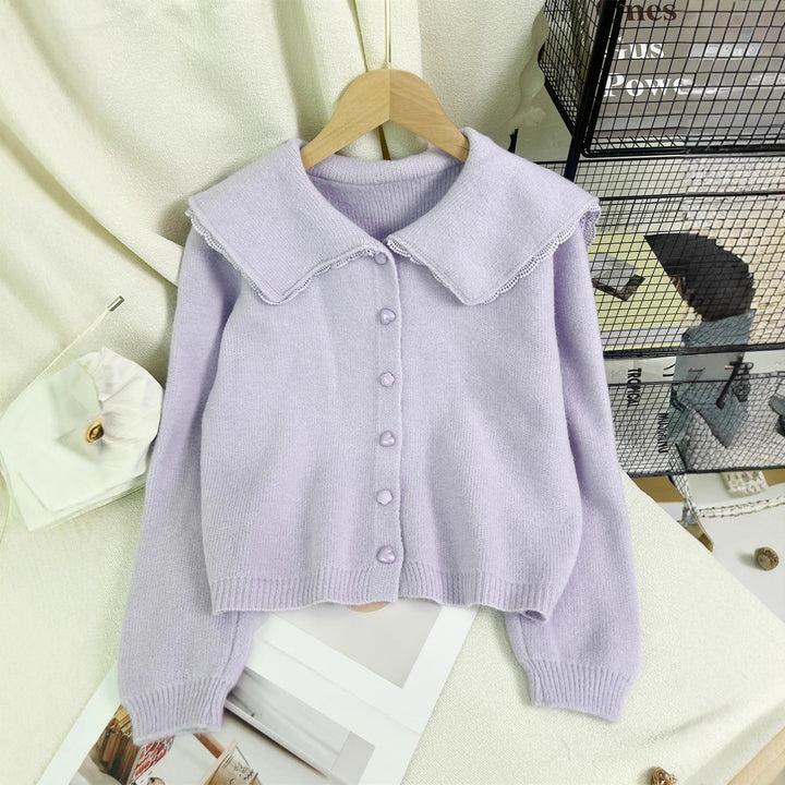 Damen niedliche Strickjacke mit großem Kragen und dekorativen Knopfdetails Drune