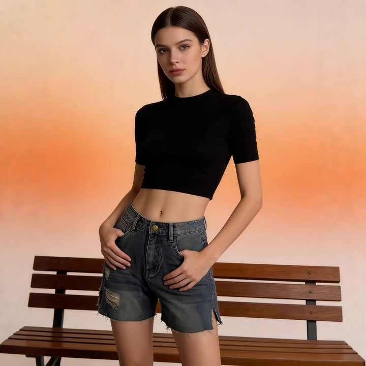 Damen lässige Jeansshorts mit fransigen Abschlüssen und seitlichem Schlitz Drune