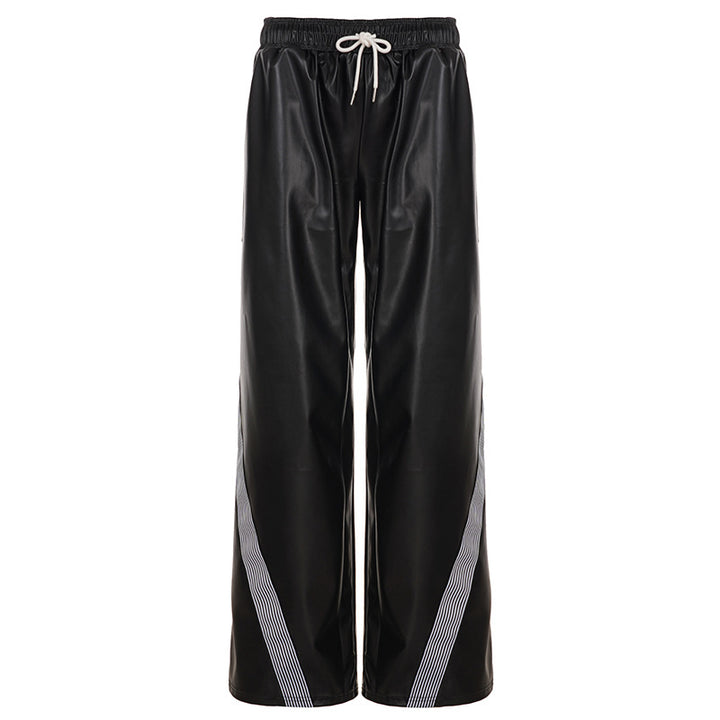 Damen nan weite Kunstleder-Trackpants mit elastischem Bund, Tunnelzug und seitlichen Streifen Drune
