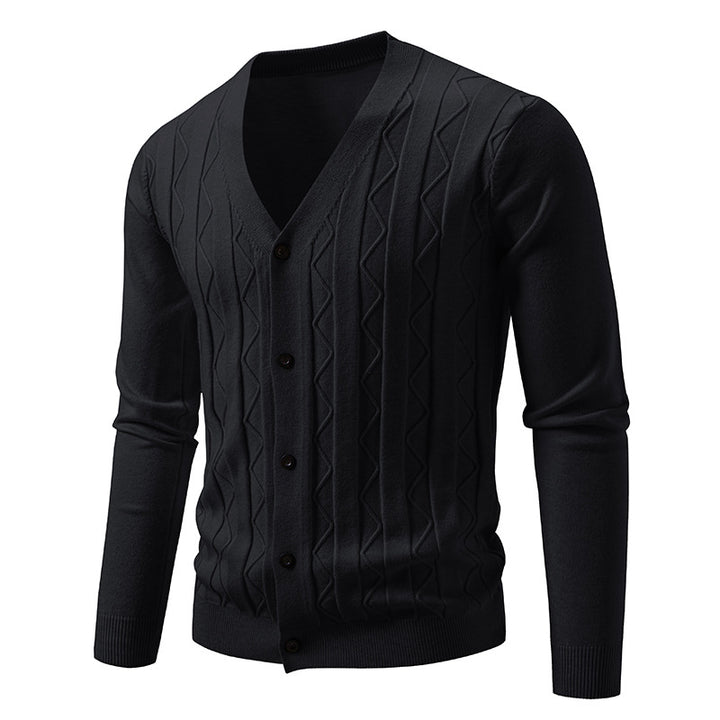 Herren nan V-Ausschnitt Strickjacke mit dezenter Zopfmusterstruktur und durchgehender Knopfleiste Drune