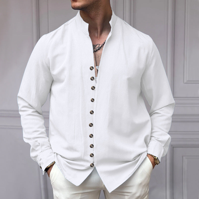 Herren nan elegantes Langarm-Leinenhemd mit Stehkragen asymmetrischer Knopfleiste und schmaler Passform Drune