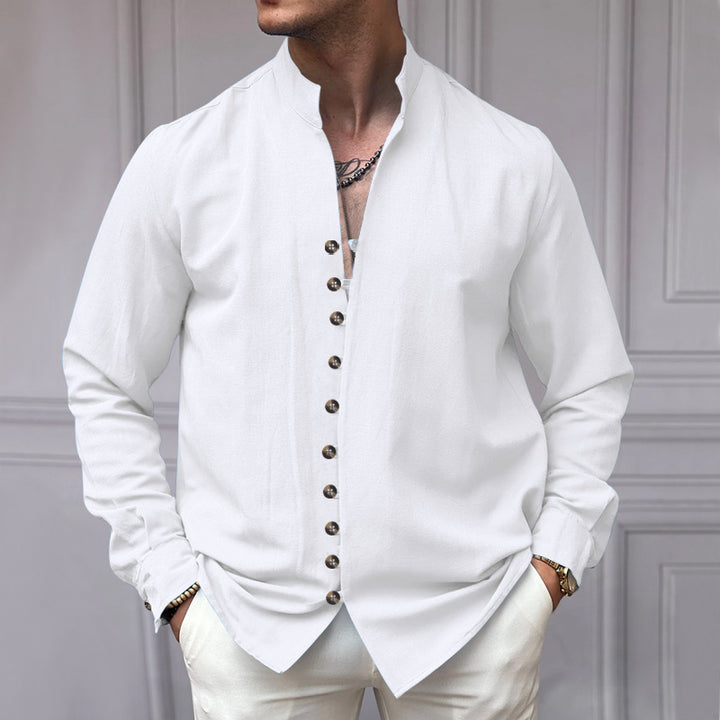 Herren nan elegantes Langarm-Leinenhemd mit Stehkragen asymmetrischer Knopfleiste und schmaler Passform Drune