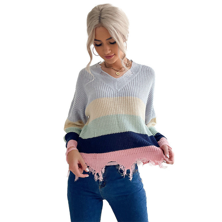Damen lässiger Strickpullover mit fransigen Saumdetails Drune
