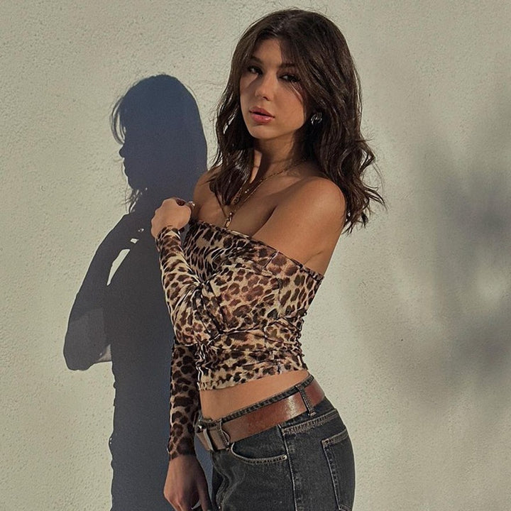 Damen Transparente Langarmbluse mit Leopardenmuster Drune