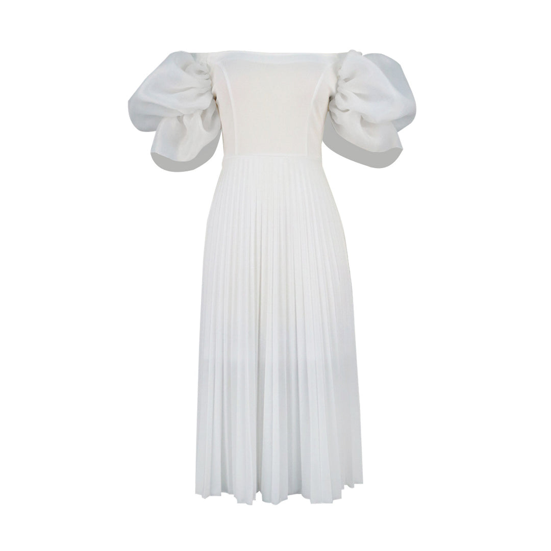 Damen elegantes Midikleid mit Puffärmeln und plissiertem Rock Drune