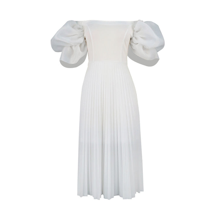 Damen elegantes Midikleid mit Puffärmeln und plissiertem Rock Drune