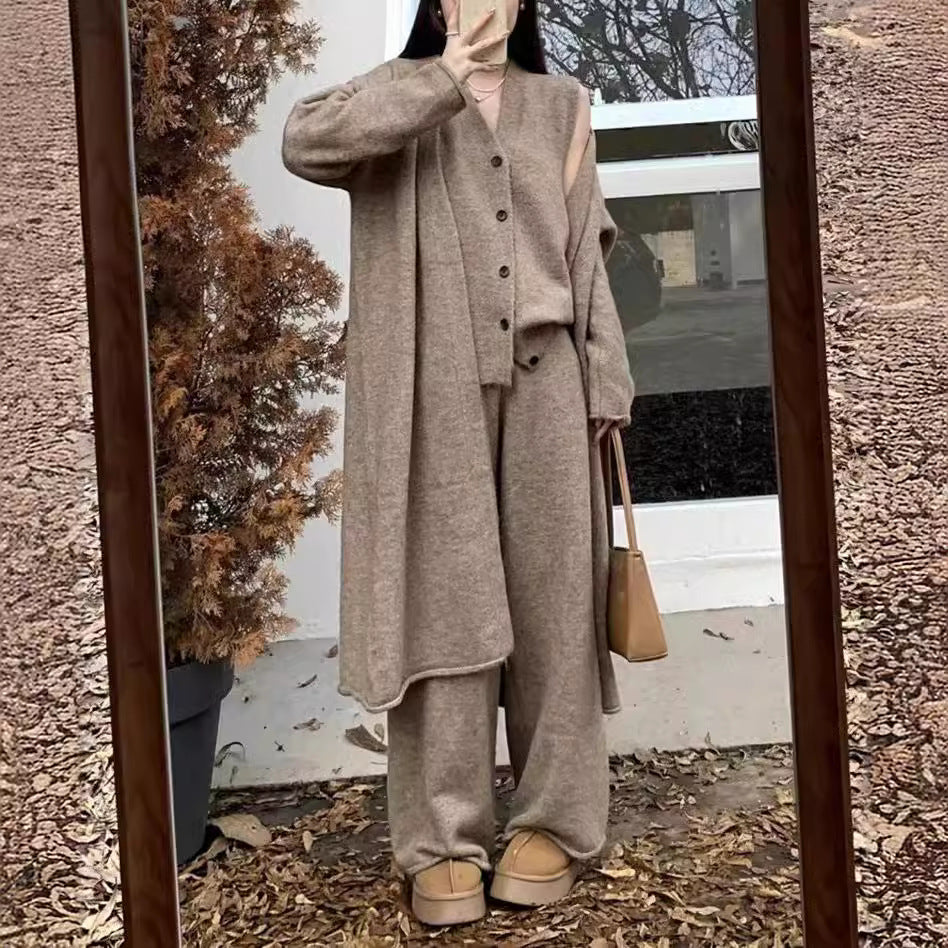 Damen elegantes Strickensemble mit Longcardigan und weiten Hosen Drune