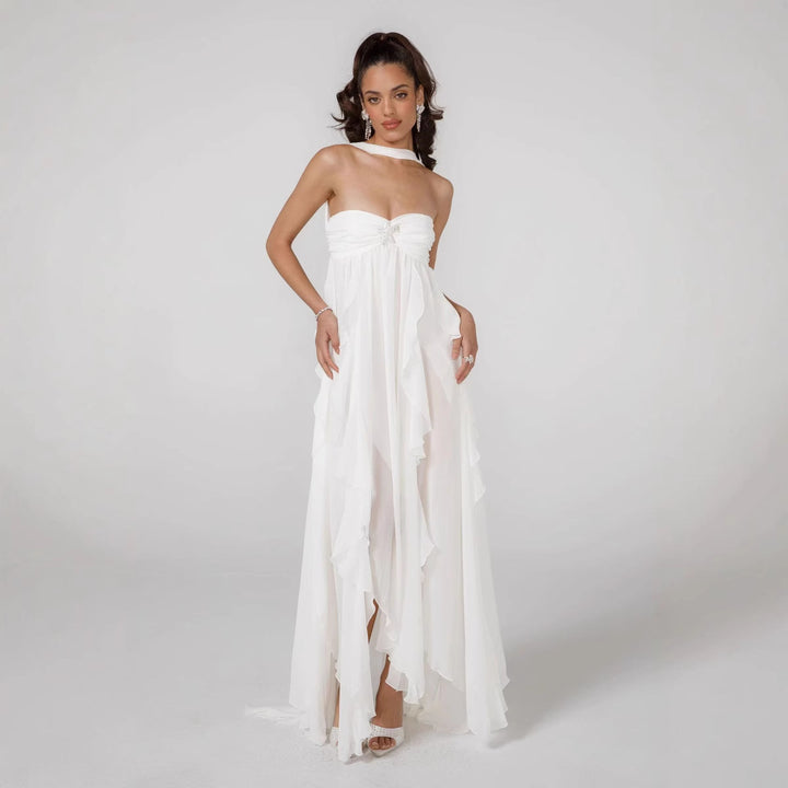 Damen Elegantes Maxi-Kleid mit asymmetrischem Saum und zarten Rüschendetails Drune