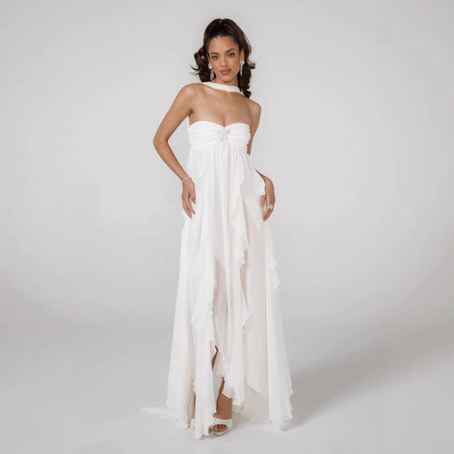Damen Elegantes Maxi-Kleid mit asymmetrischem Saum und zarten Rüschendetails Drune