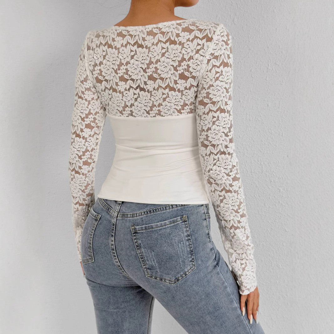 Damen Elegantes Oberteil mit Spitzenärmeln Drune