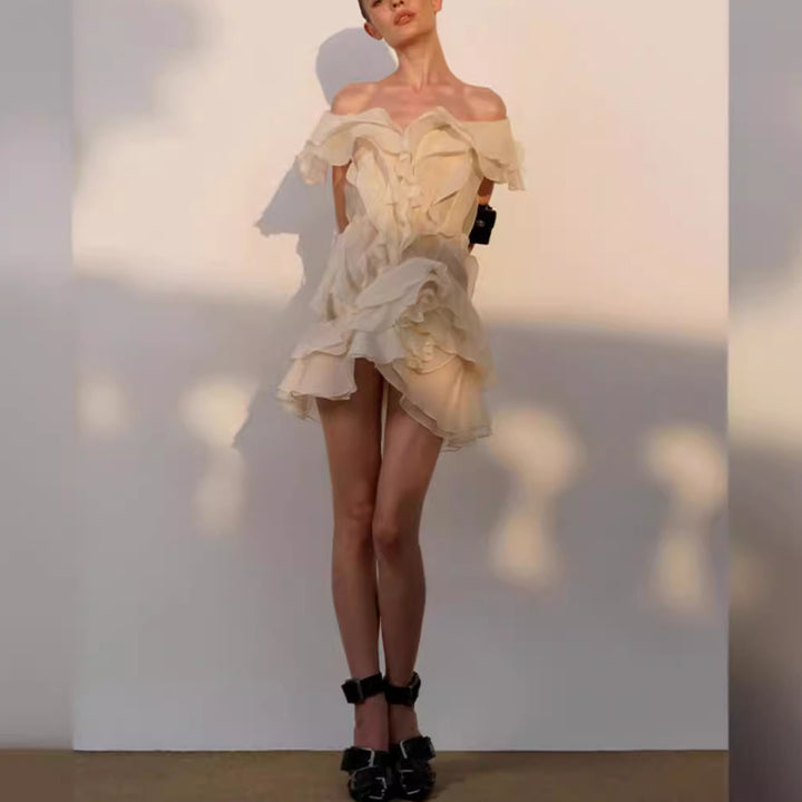 Damen Off-Shoulder Minikleid mit voluminösen Rüschen Drune