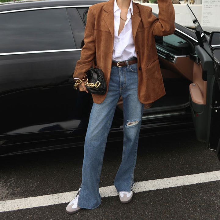 Damen Wildleder Blazer im Oversized-Stil mit eleganten Nahtdetails Drune