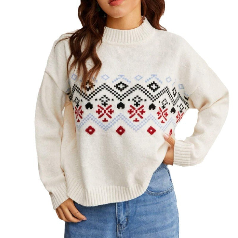 Damen Winterpullover mit festlichem Fair-Isle-Muster und hohem Kragen Drune