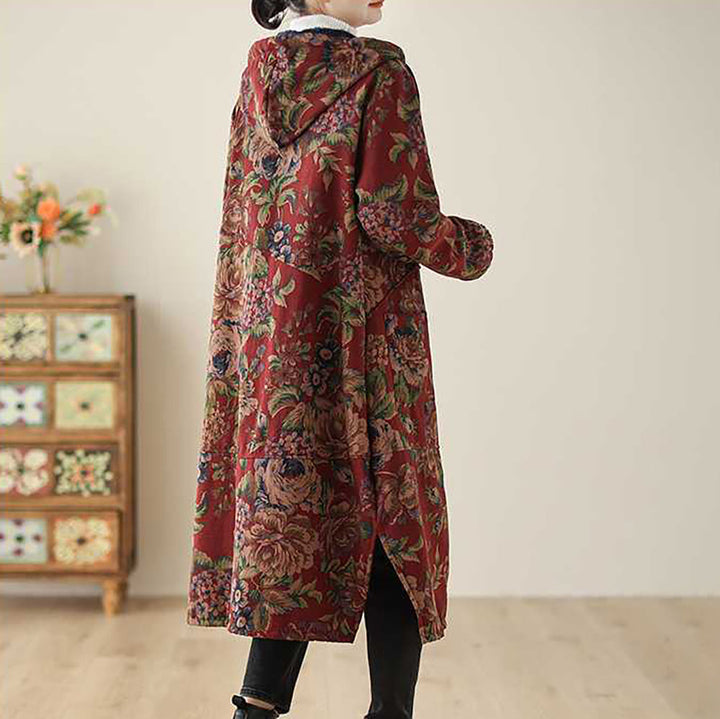 Drune | Langer Mantel im Vintage-Stil mit Blumendruck