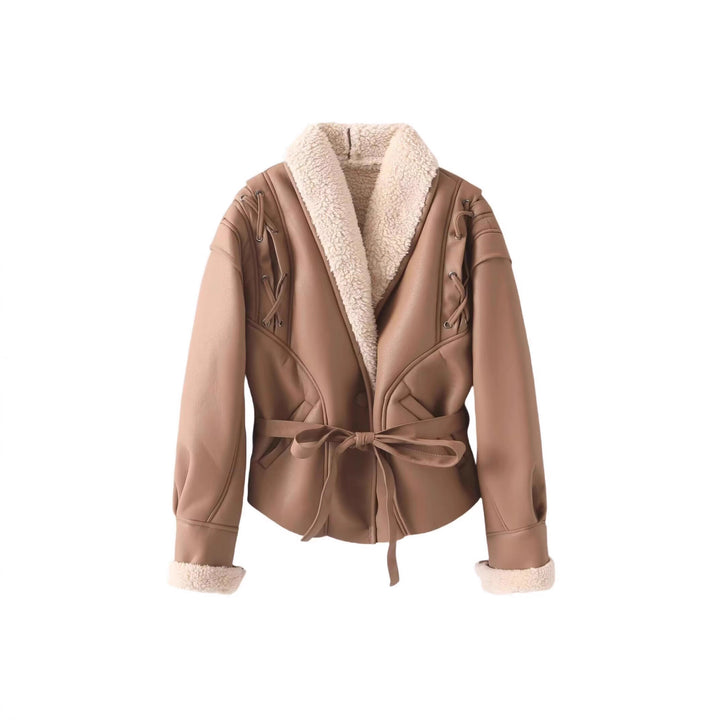 Damen trendige Kunstlederjacke mit flauschigem Innenfutter und Bindegürtel Drune