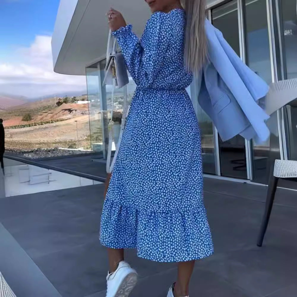 Damen nan Midikleid mit V-Ausschnitt geraffter Taillennaht langen Ärmeln Volant-Saum und seitlichem Beinschlitz Drune