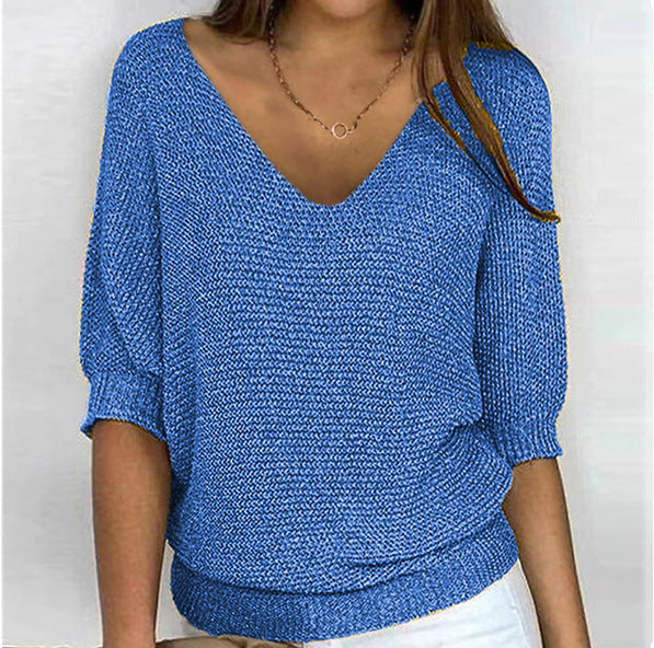Damen nan lässiger Strickpullover mit V-Ausschnitt und Fledermausärmeln Drune