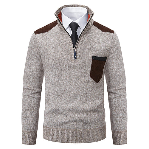 Herren nan Feinstrick-Halbzip-Pullover mit Stehkragen, Brusttasche und Schulterbesatz Drune