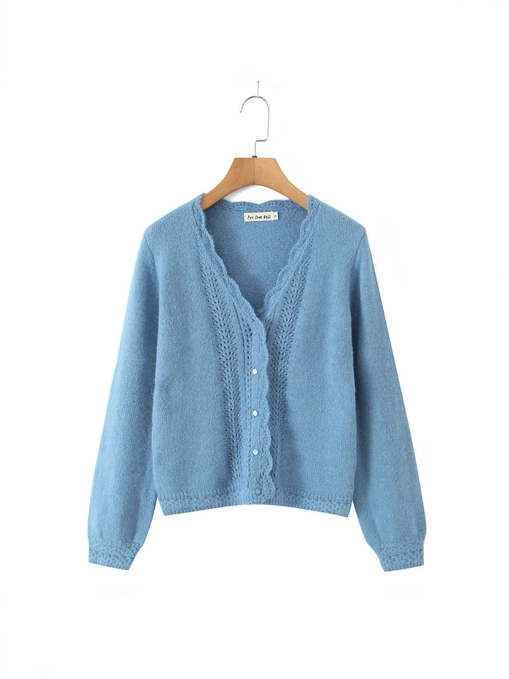 Damen elegante Strickjacke mit tiefem V-Ausschnitt und zarten Knöpfen Drune