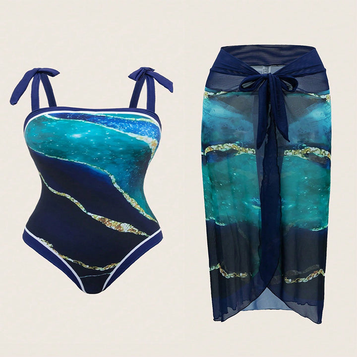 Damen Einteiliger Badeanzug mit transparentem Wickelrock Drune