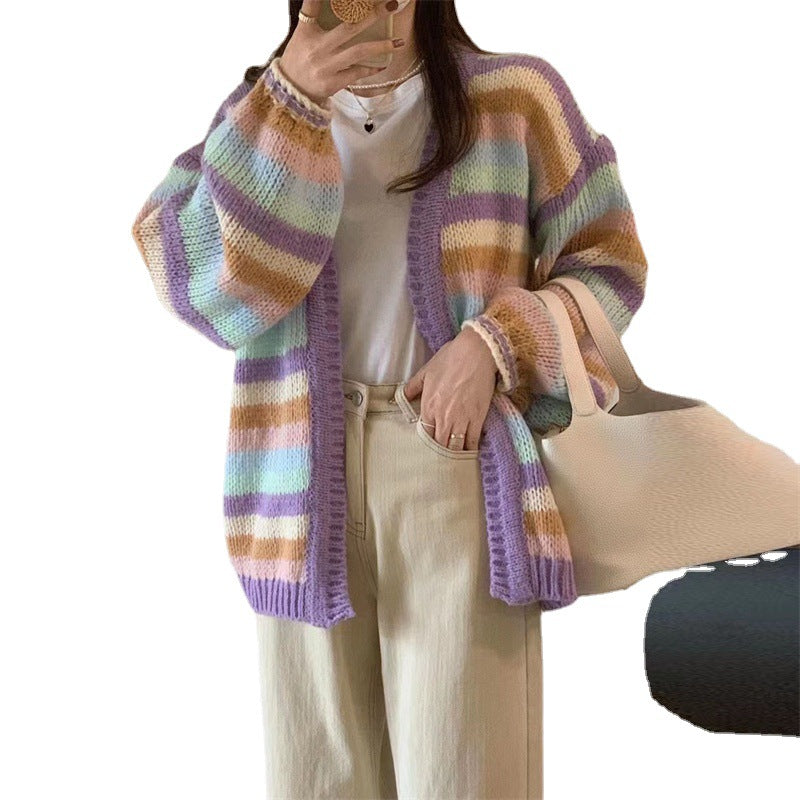 Damen lässiger Strickcardigan mit buntem Streifenmuster und weiten Ärmeln Drune