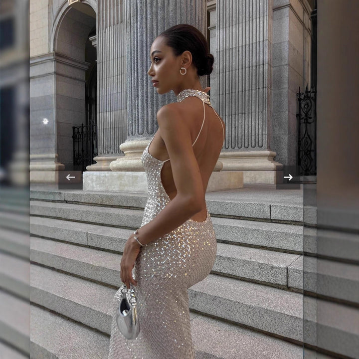 Damen glamouröses Langkleid mit funkelndem Paillettenbesatz Drune