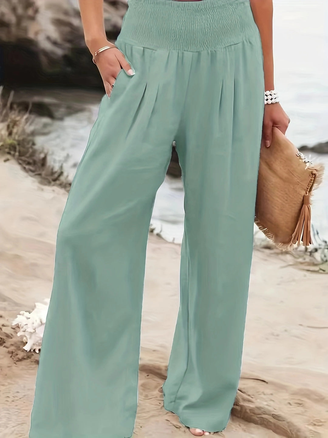 Damen Lange, weite Leinenhose mit elastischem Bund Drune