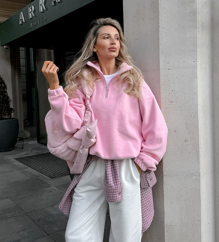 Damen Fleece Sweatpullover mit modernem Stehkragen und halbem Reißverschluss Drune