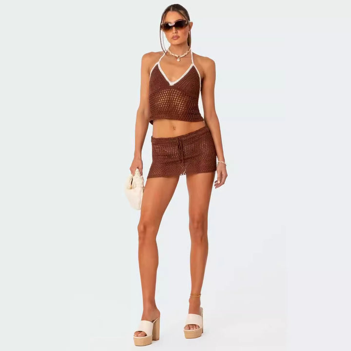 Damen gehäkeltes Strand-Outfit mit verstellbarem Oberteil und Shorts Drune