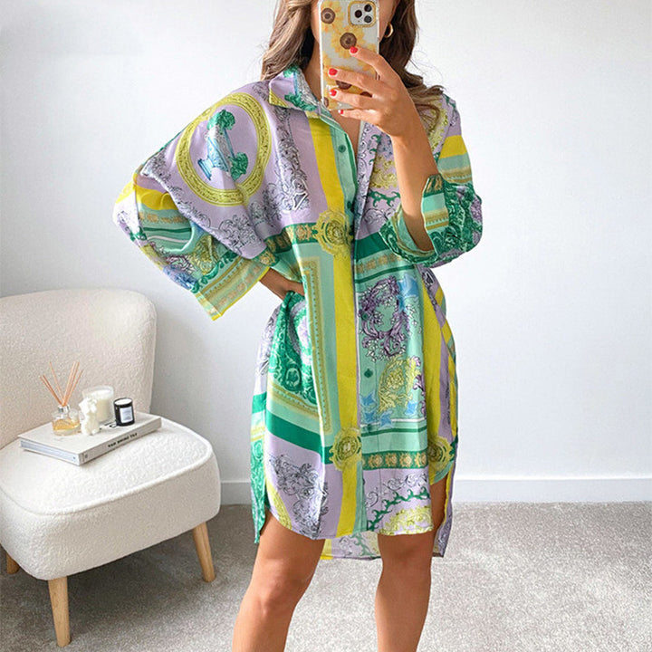 Damen stylisches Oversized-Hemdkleid mit buntem Muster und weit geschnittenen Ärmeln Drune