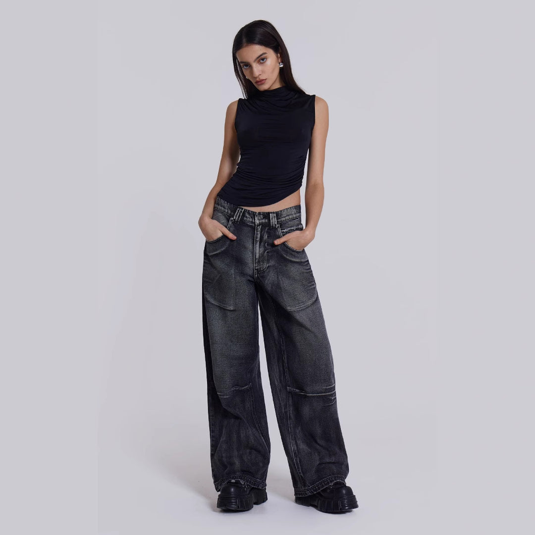 Damen weite Jeans mit kunstvollem Flügel-Design und einzigartigen Details Drune