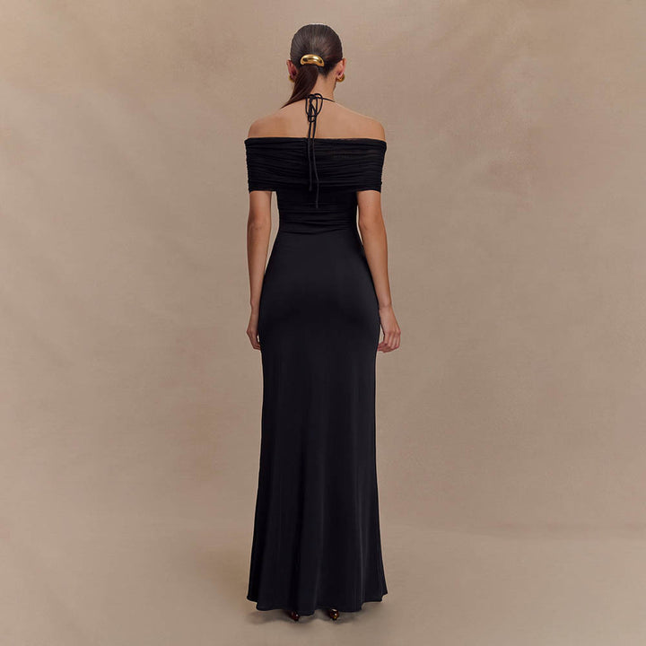 Damen Elegantes Maxi-Kleid mit schulterfreien Raffungen Drune