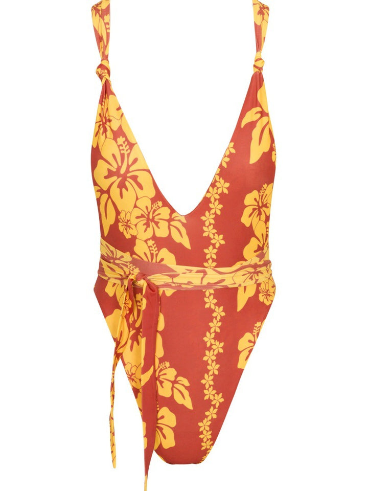 Damen Einteiliger Badeanzug mit tiefem V-Ausschnitt und floralem Design Drune